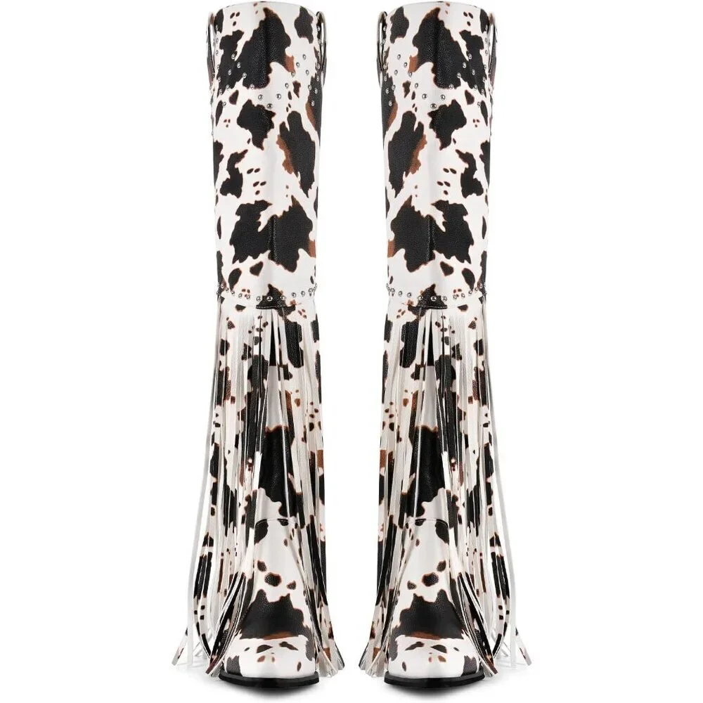 Women Cow Print Synthetic Fringe Thigh High Tassel Wide Over Knee Pointed Boot